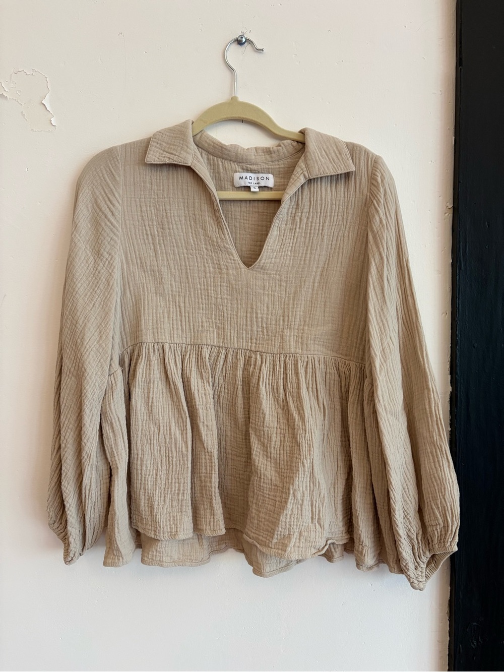 Madison the Label Tan Gauze Peplum Blouse